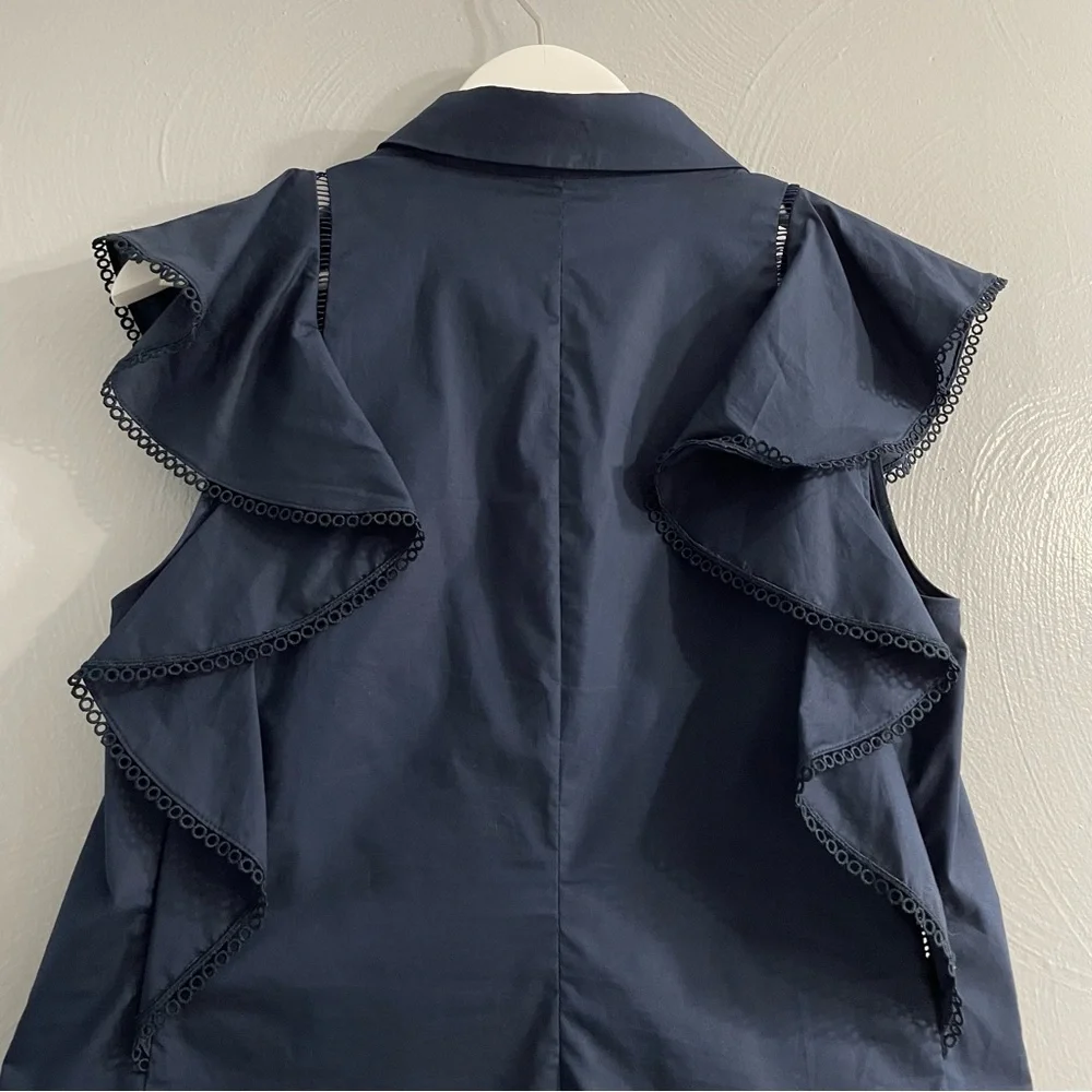 Pearl Navy Ruffle Sleeveless Button-Front Blouse - Picture 8 of 14